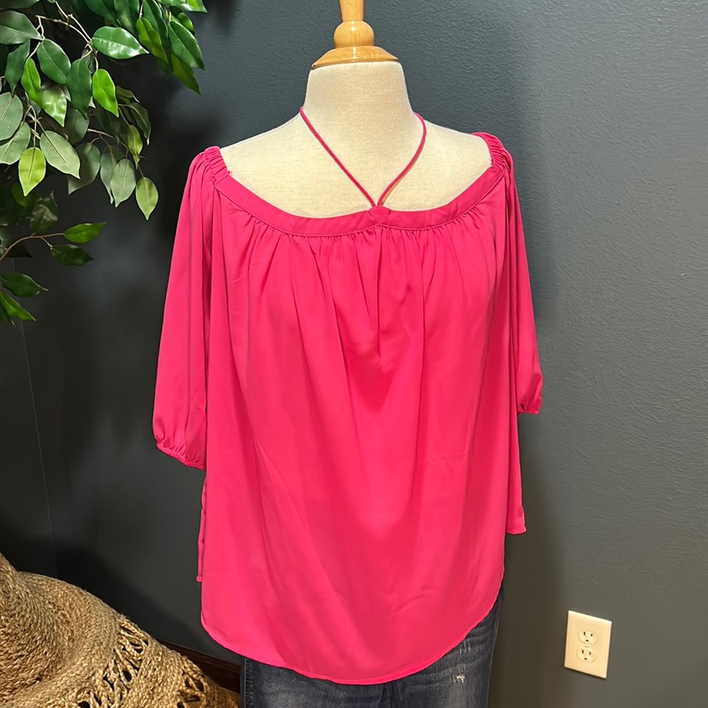 she + sky hot pink silky fun women’s blouse - off the shoulders women’s size L